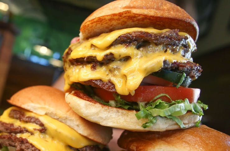 A stack of burgers. 