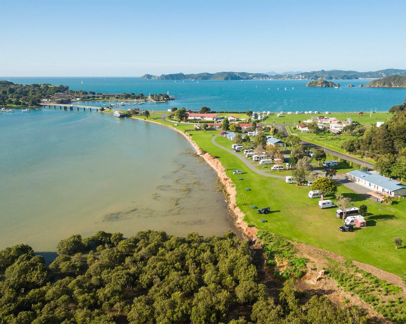 An aerial view of the Waitangi Holiday Park.
