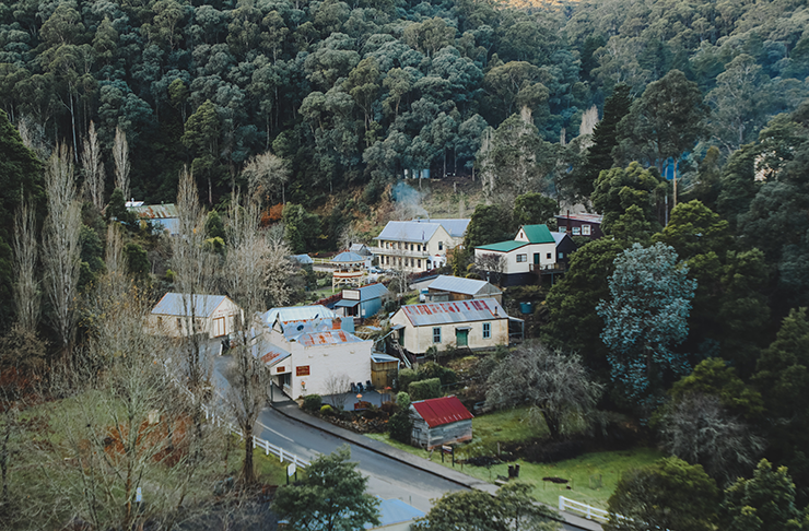 The empty town of Walhalla in Victoria, nestled in a mountainside forest.