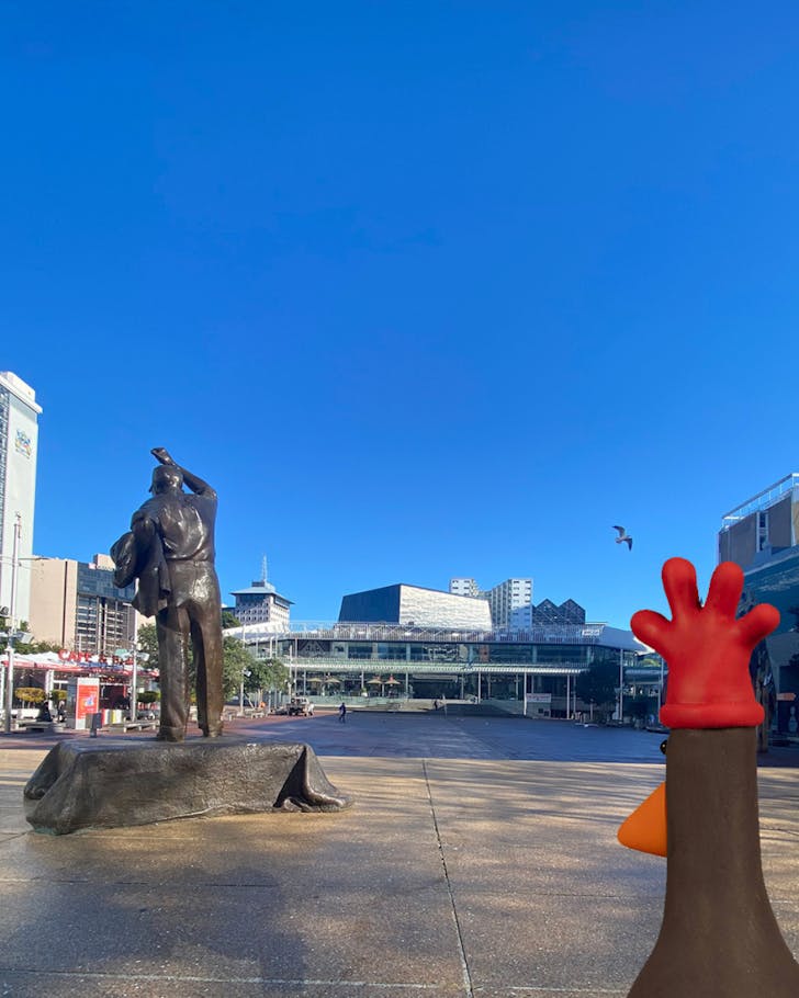 Feathers McGraw spotted lurking in Aotea Square on a bright blue day.