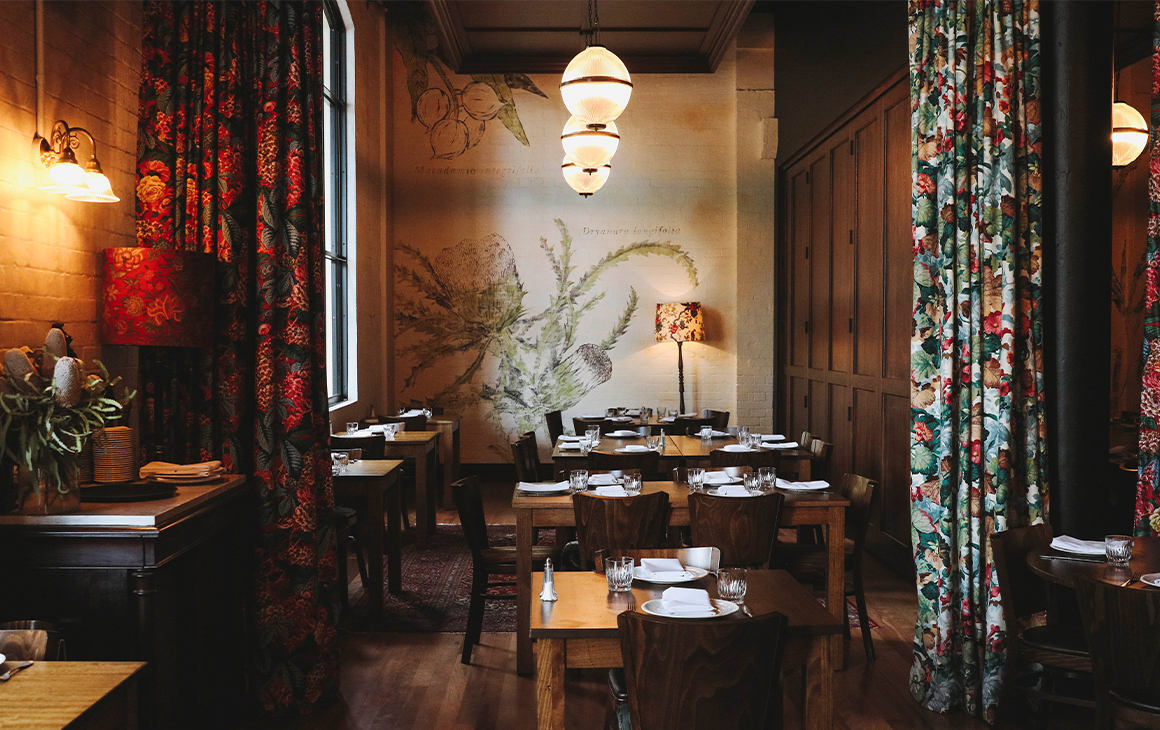 a small part of Walter's restaurant, with a floral curtain drawn aside