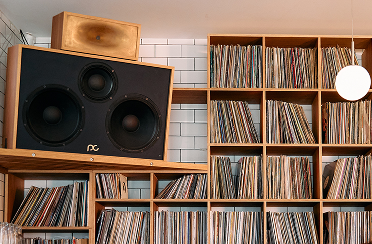 A large speaker set next to a wall of vinyl records.