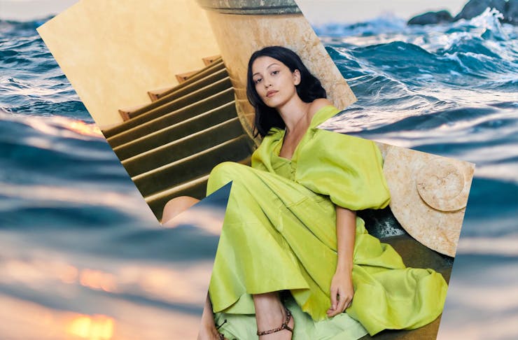A  collage showing the ocean at sunset and a person in a bright green dress