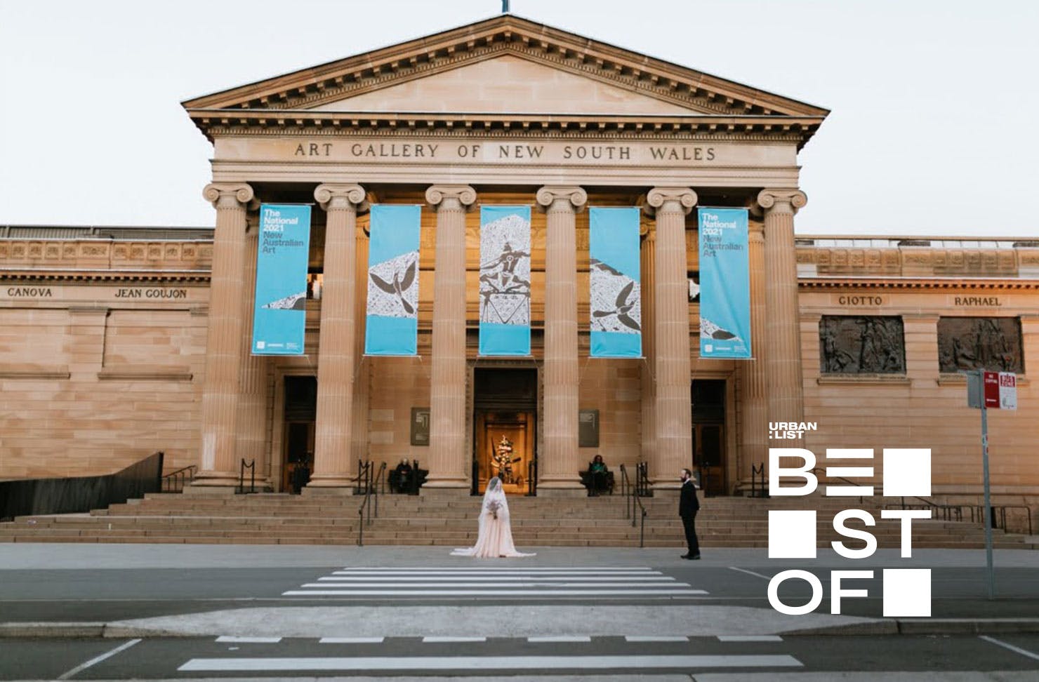 A bride and groom outside the Art Gallery of NSW, one of the best wedding venues in Sydney