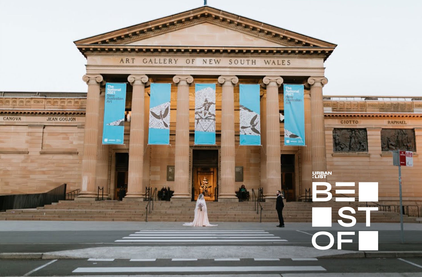 A bride and groom outside the Art Gallery of NSW, one of the best wedding venues in Sydney