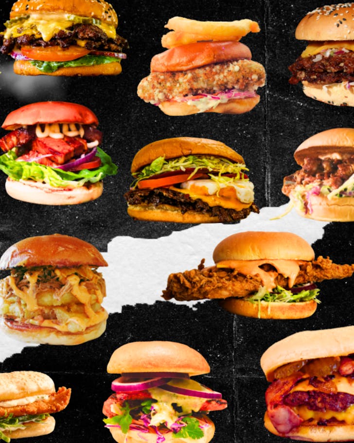 A superimposed collage of decadent burgers.