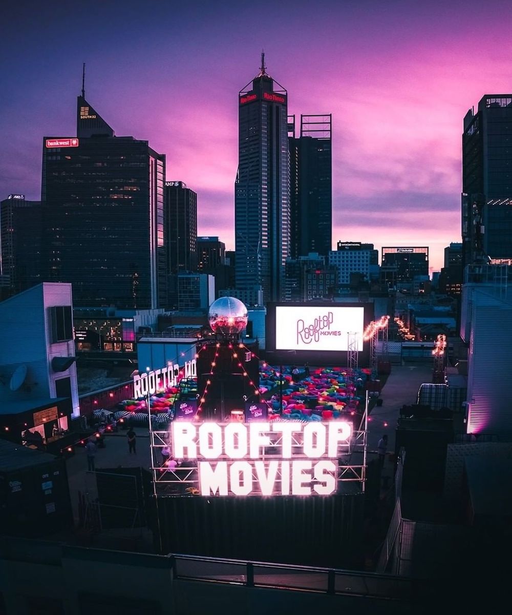 sky view of outdoor rooftop movies at sunset