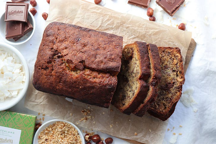 The Whittaker's Chocolate and Hazelnut Banana Bread is sliced and looking inviting.