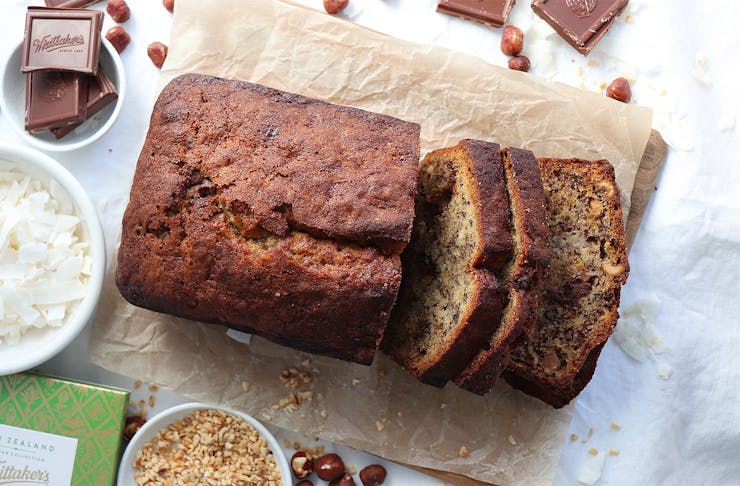 The Whittaker's Chocolate and Hazelnut Banana Bread is sliced and looking inviting.