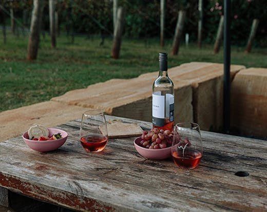 A bottle and two glasses of wine on a bench.