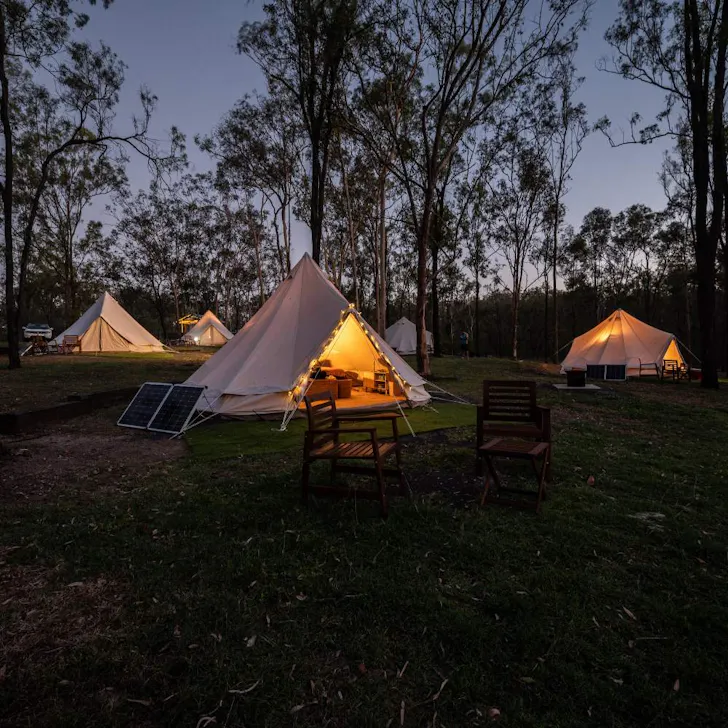 A view of the bell tents at Pure Glamping one of the best glamping spots in Queensland