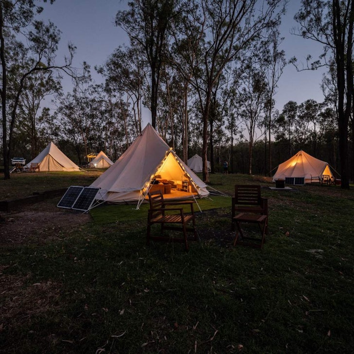 A view of the bell tents at Pure Glamping one of the best glamping spots in Queensland