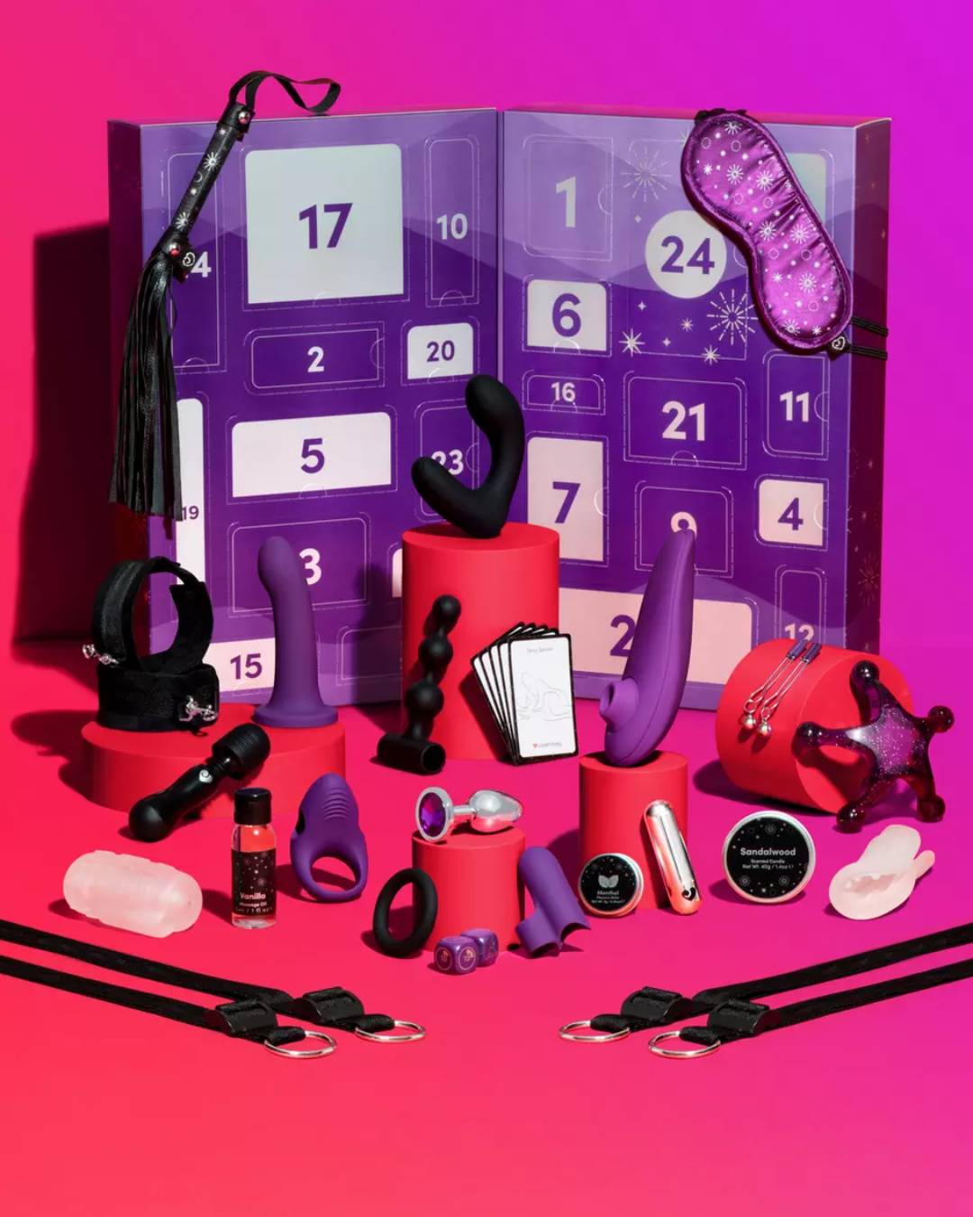 sex toy advent calendar with toys and on purple box with pink background