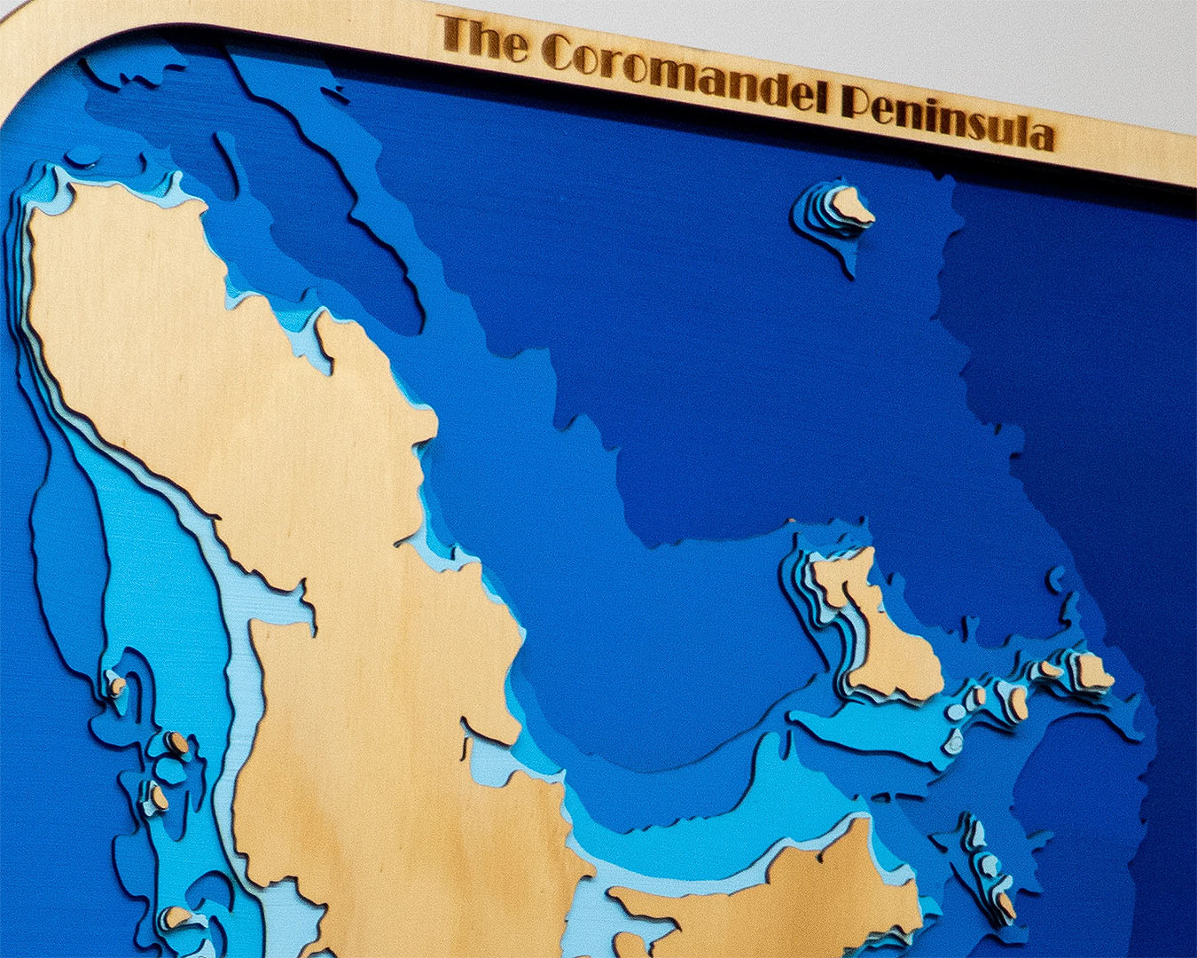 A 3D topographical map of the Coromandel in varying shades of blue. 