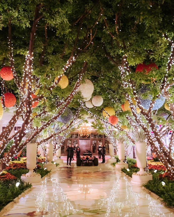 the lobby at Las Vegas hotel Wynn, with trees adorned with coloured balls