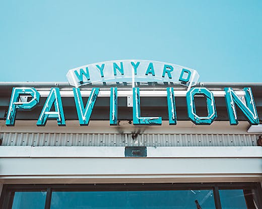The sign outside Wynyard Pavilion in the sun