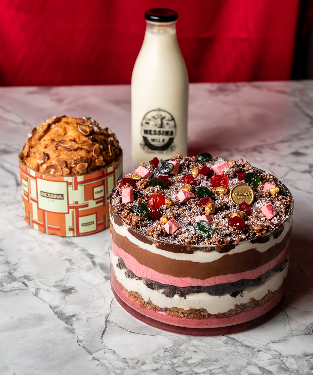 a trifle and a christmas cake with a bottle of milk