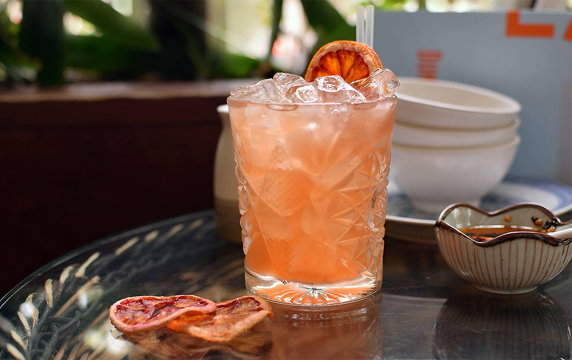 Blood Bagarre with Dorothy Parker gin, Gentiane De Lure, Cocchi Rosa, blood orange and kaffir cordial and Burlesque Bitters is a hit of fragrant citrus at Xuxu Dumpling Bar