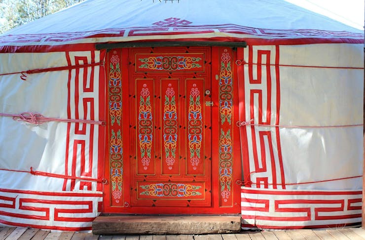 The outside of the traditional Mongolian style yurt at Yarranungara Yurt Retreat outside Wangaratta, Victoria.