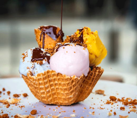 ice cream scoops in waffle basket