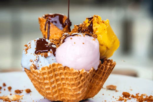 ice cream scoops in waffle basket