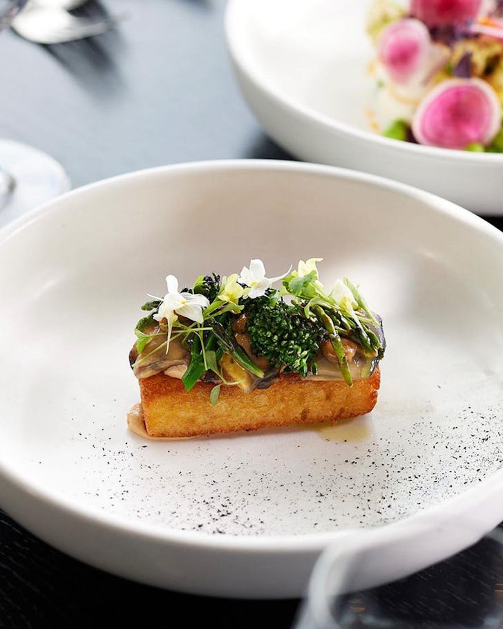 Akoya on brioche with Lobster bisque, soy and sesame emulsion with Karkalla at Infinity Sydney