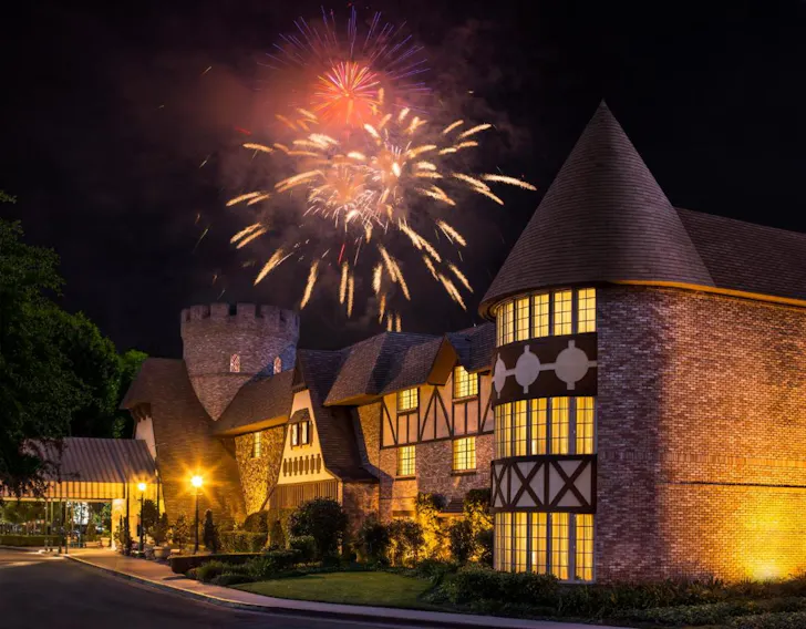 Fireworks above Anaheim Majestic Garden Hotel one of the best hotels for families Los Angeles