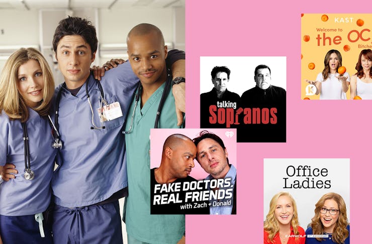 a collage of podcast hero images and the trio from Scrubs
