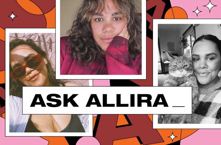 a collage of pictures of Allira Potter on a pink background. There is black on white text reading 'Ask Allira'.