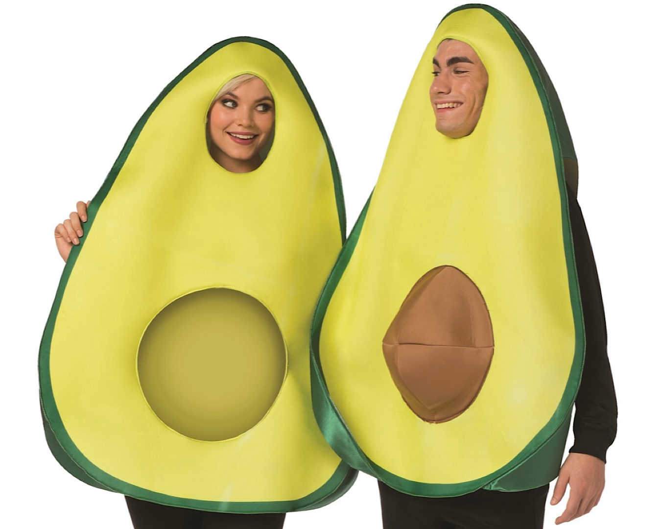 Two people wearing a Halloween costume made up of two halves of an avocado. 