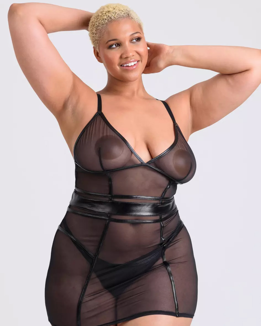 Lovehoney Plus Size Fierce Wet Look and Mesh Panelled Black Mini Dress Set