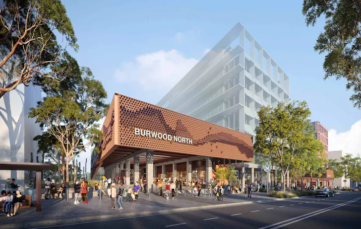 a render of a metro station in sydney with lots of trees and people