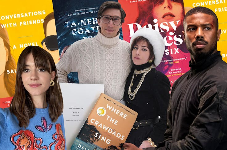 a colourful collage of actors Michael. B Jordan, Lady Gaga, Adam Driver and Daisy Edgar Jones and various book covers 
