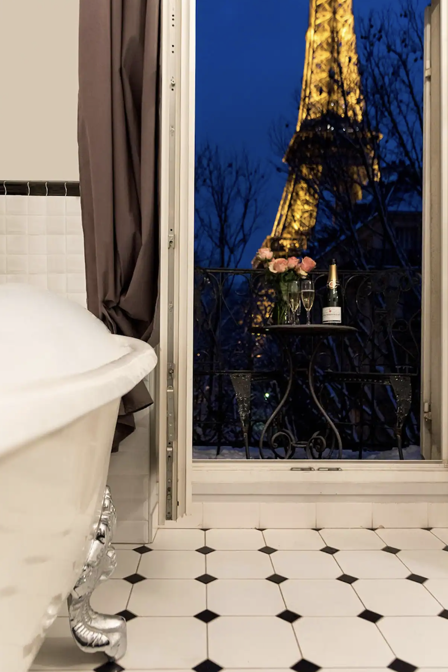 Chambertin Paris Airbnb view from bathtub of Eiffel Tower