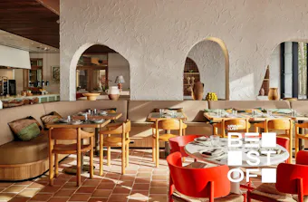 bright interiors of a modern seaside restaurant