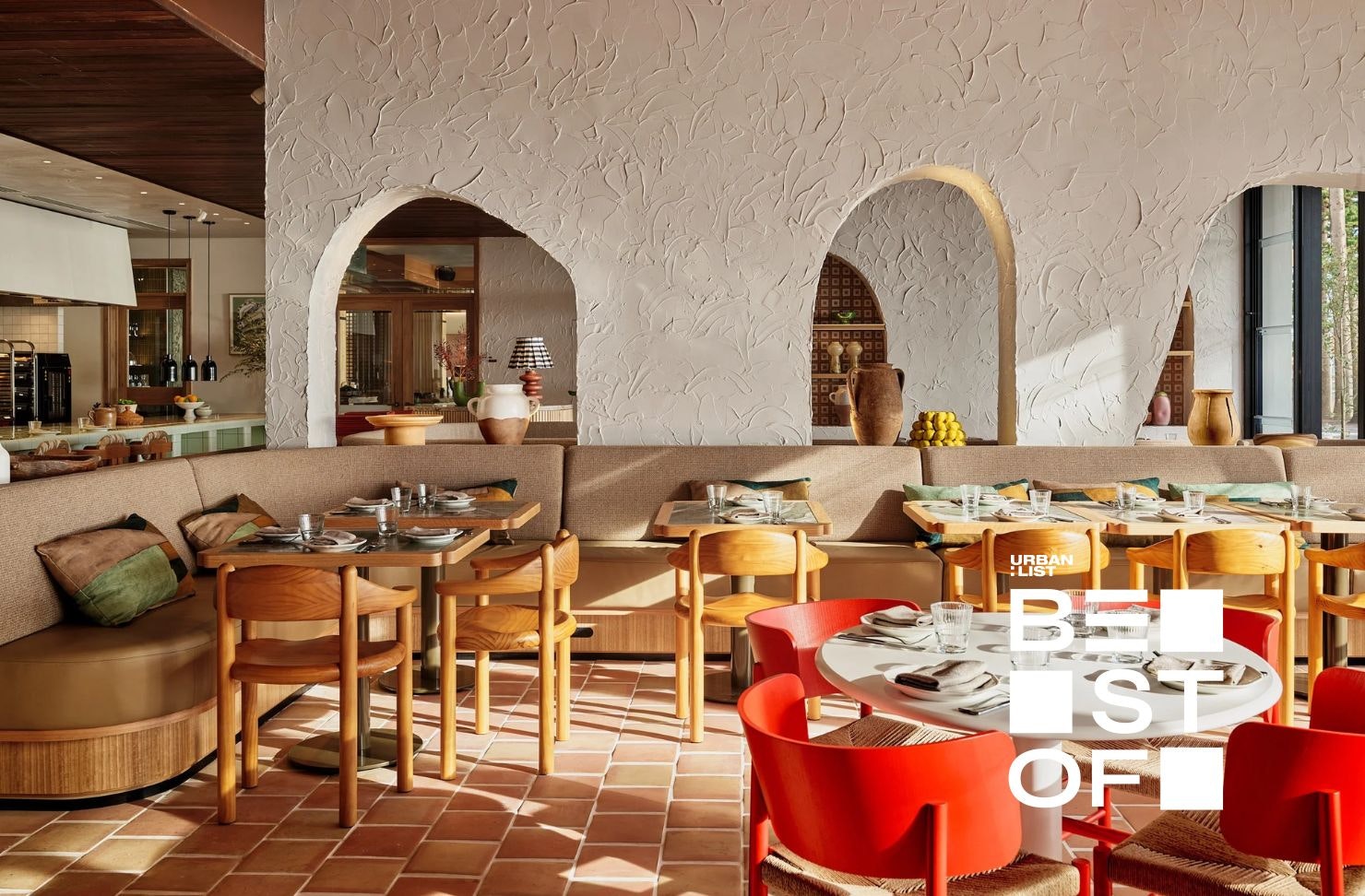 bright interiors of a modern seaside restaurant