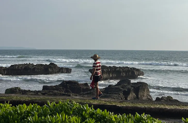 a person walking along the coast at sunset