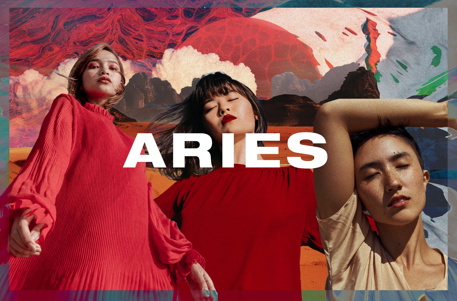 a colourful collage with Aries written in white text.