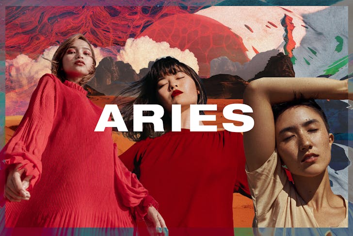 a colourful collage with Aries written in white text.