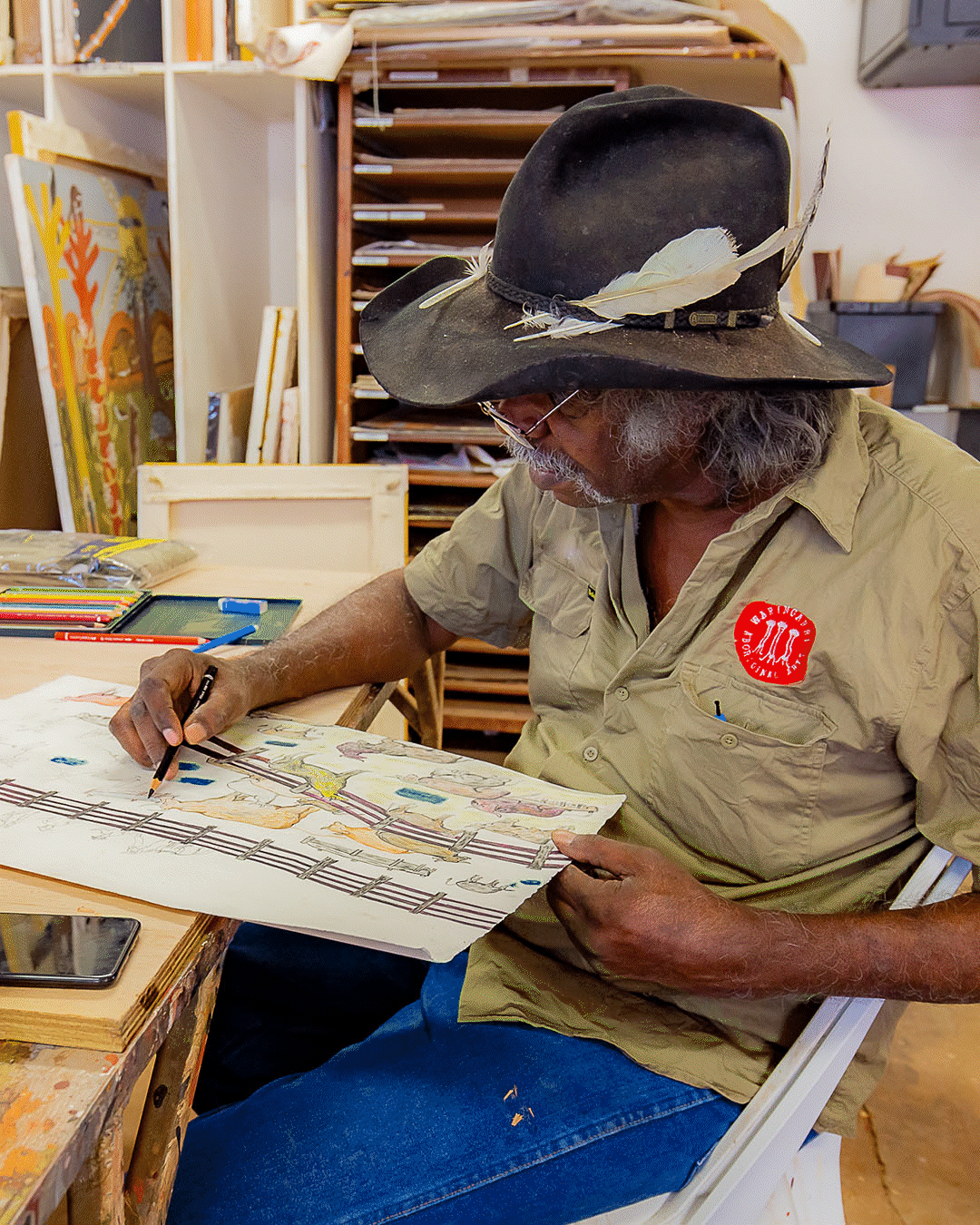 Images of Pilbara Artist Beryl Ponce, Jigador Bumba painting Ngurra Country and Ted Carlton at work in the Waringarri Aboriginal Arts studio. Photography by Sarah Duguid.jpg