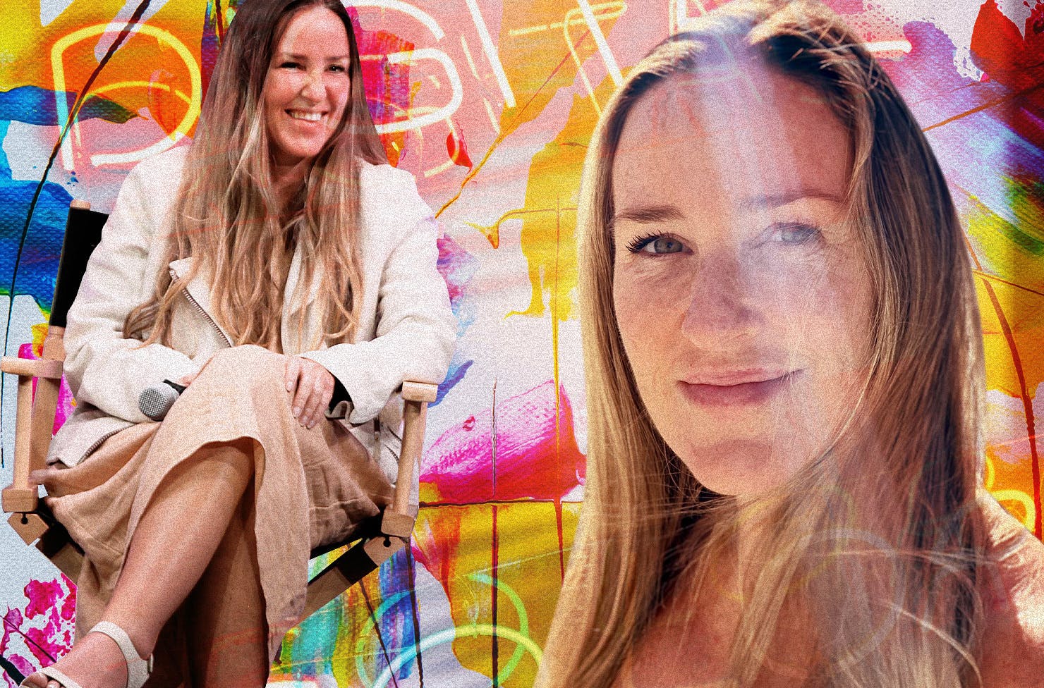 Danielle Krettek on a colourful collage background