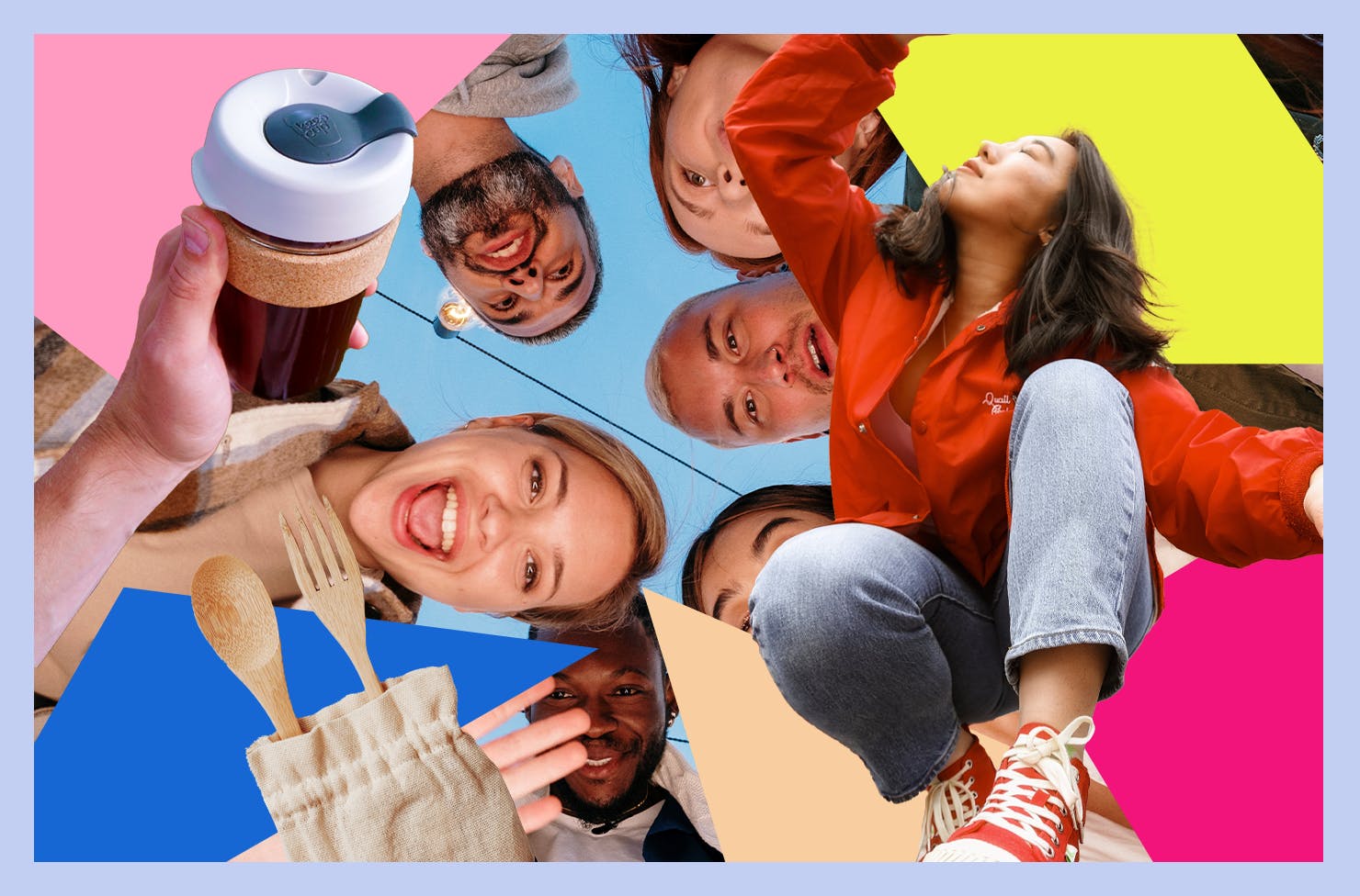 A colourful collage of young people smiling. There is also a reusable coffee cup and cutlery set. 