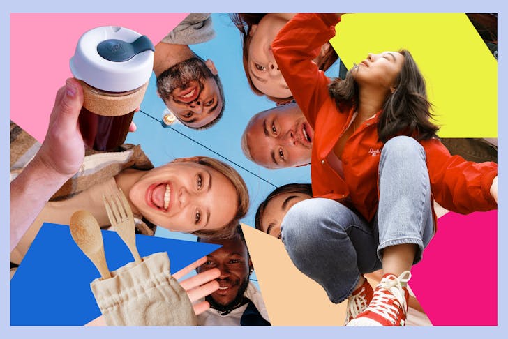 A colourful collage of young people smiling. There is also a reusable coffee cup and cutlery set. 