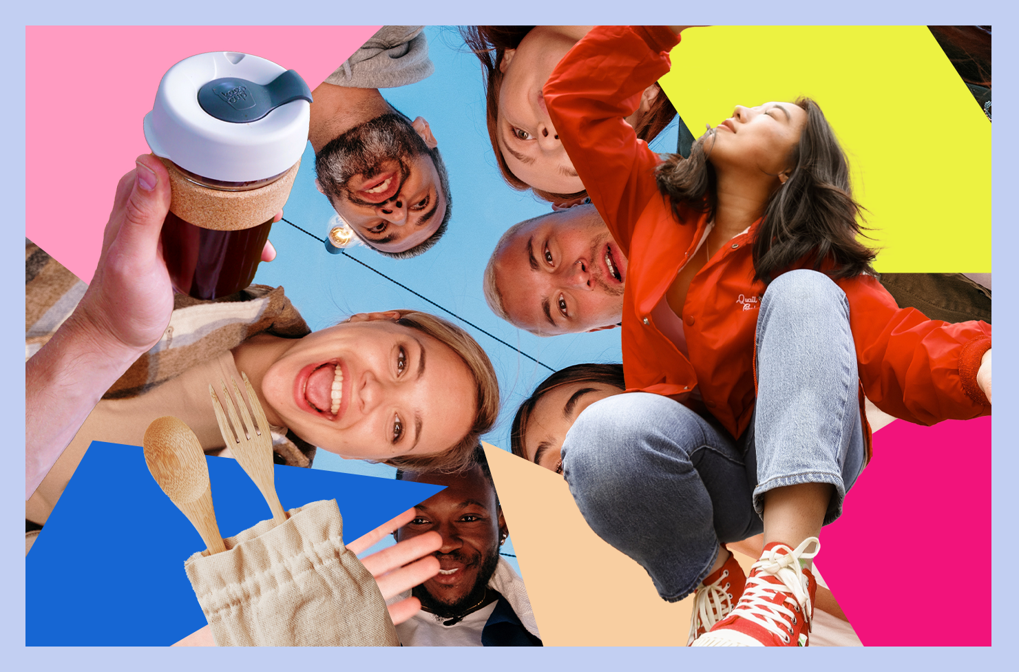 A colourful collage of young people smiling. There is also a reusable coffee cup and cutlery set. 