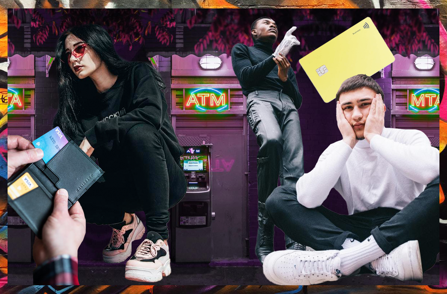 collage of young people and credit cards