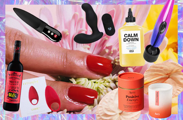 fun collage with sex toys, wine and candles