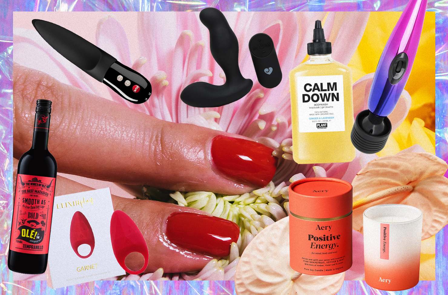 fun collage with sex toys, wine and candles