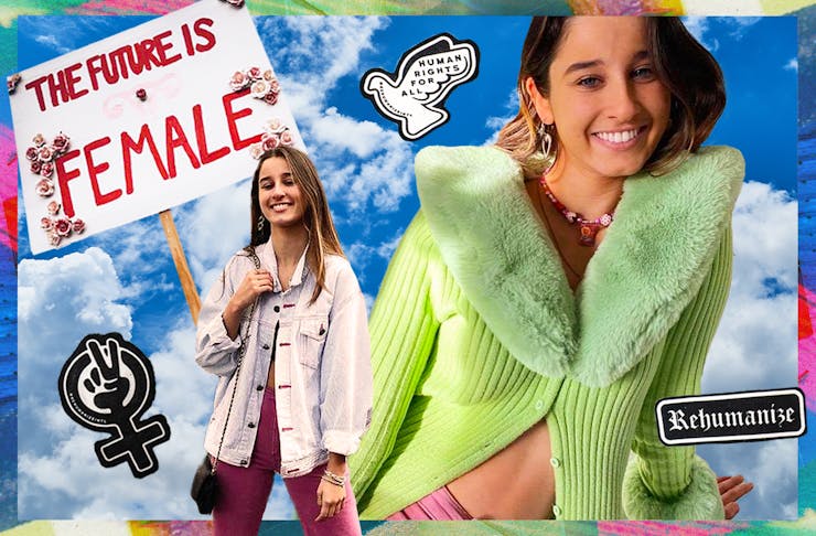collage of chanel contos and female empowerment messaging