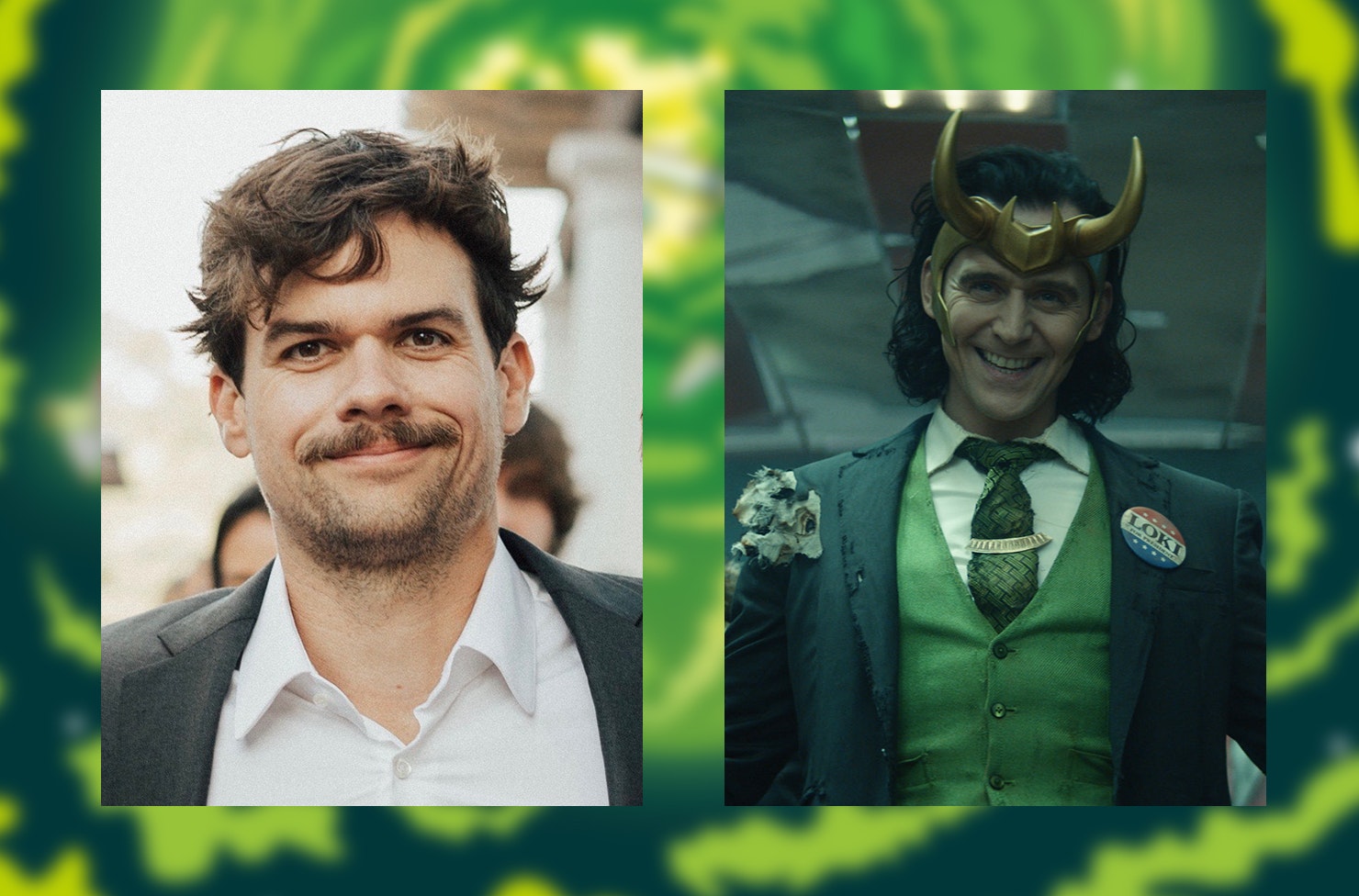 a collage of writer Michael Waldron and Tom Hiddleston in character as Loki.
