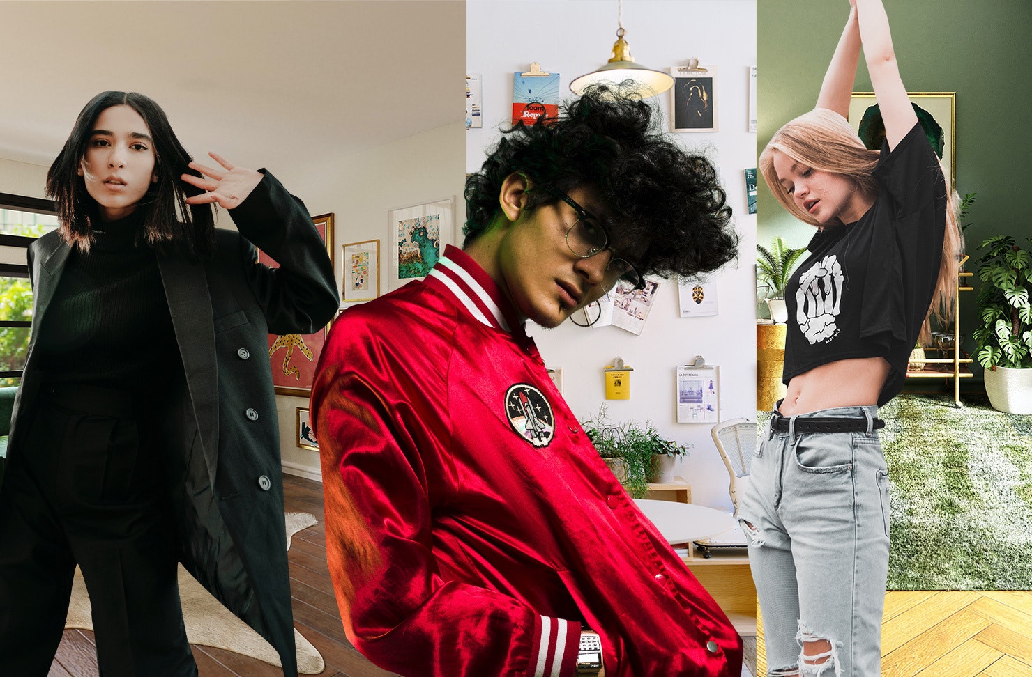 collage of young people posing and interior of apartments